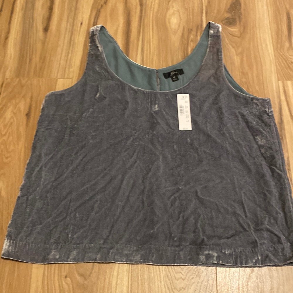 J Crew grey blue velvet tank pullover with button in back. Size 12 NWT